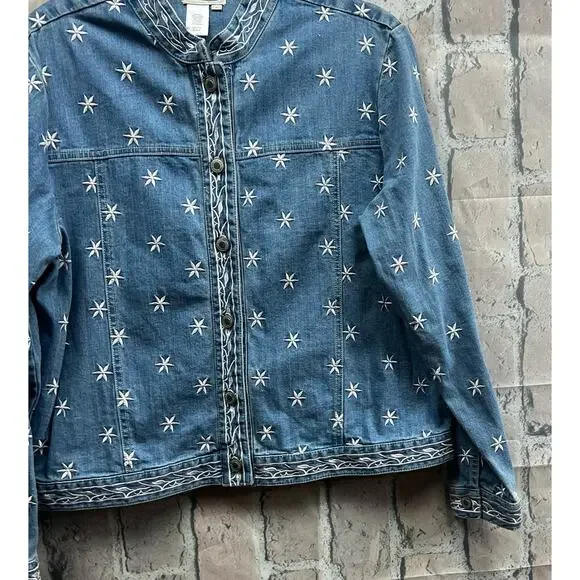 Coldwater Creek Stars Women Washed Blue Jean Jacket Button-Down Size Large - Picture 4 of 10